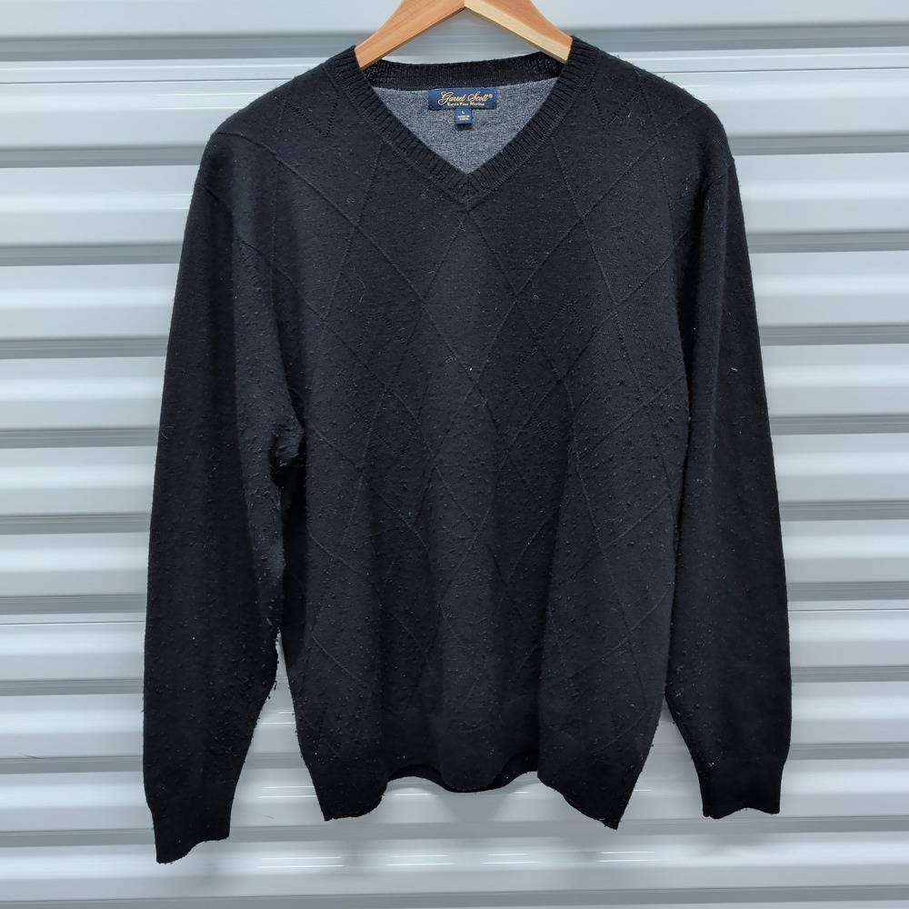Garret‎ Scott Sweater Large Mens Black Extra Fine Merino Wool V-Neck Argyle Knit